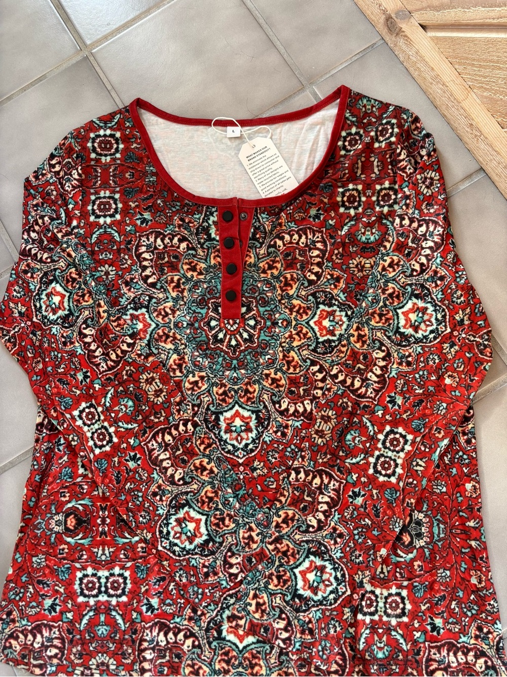 Boho-Print Long Sleeve Scoop Neck Top - Red